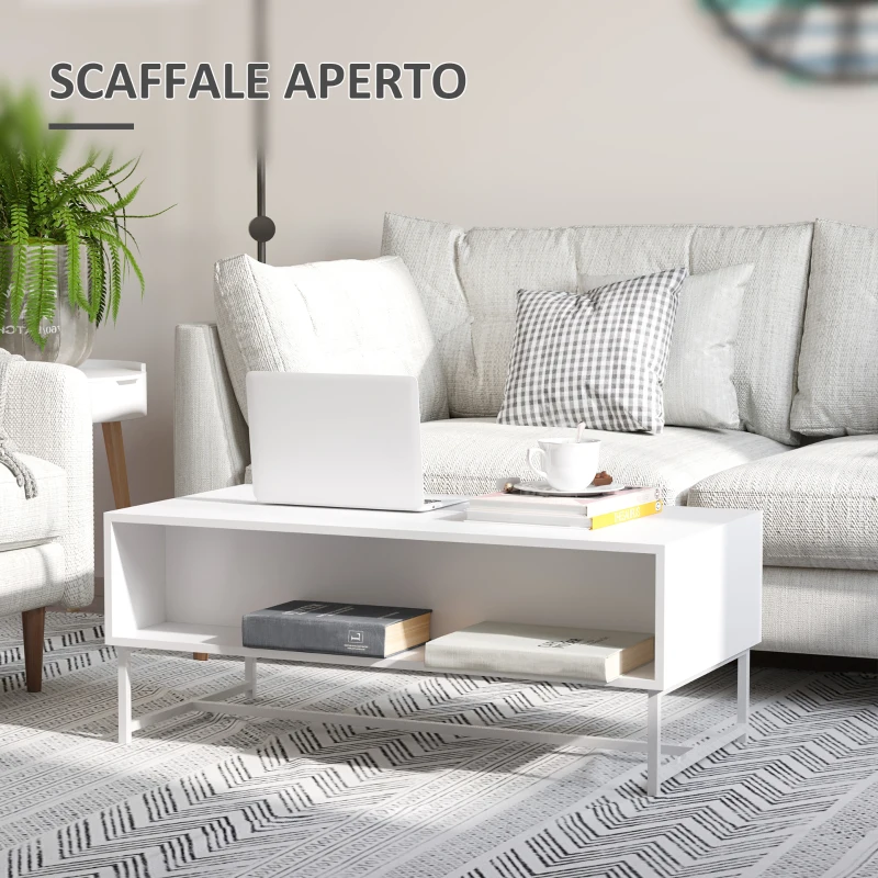 HOMCOM Tavolino da Caffè con 2 Cassetti e Vano Aperto in Legno e Metallo, 100x50x40cm, Bianco e Marrone