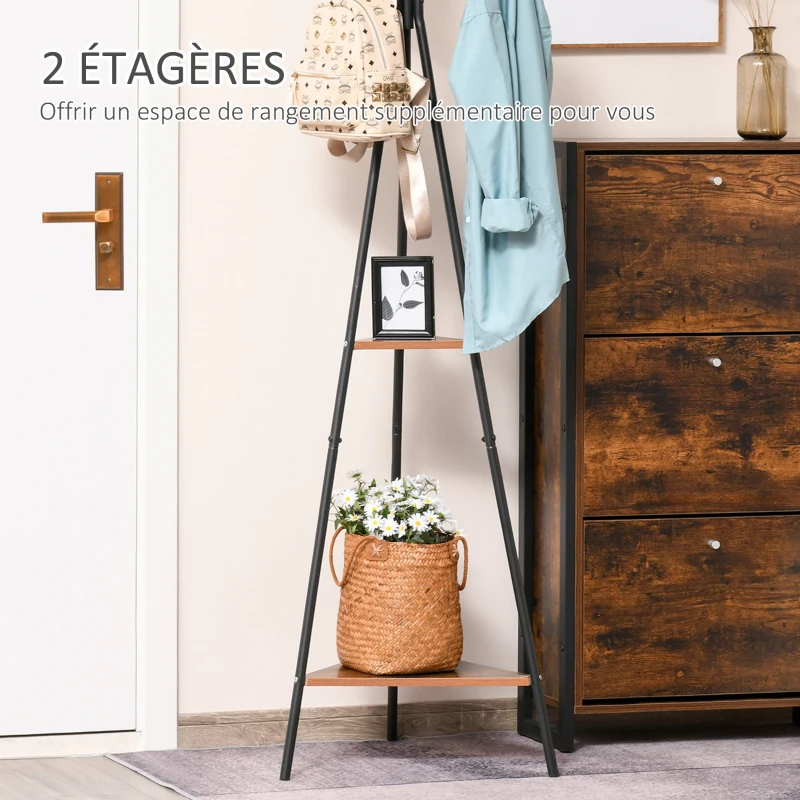 HOMCOM Porte-manteau trépied style industriel branches 2 étagères + 6 patères dim. 52L x 46l x 182H cm métal noir panneaux particules boisés