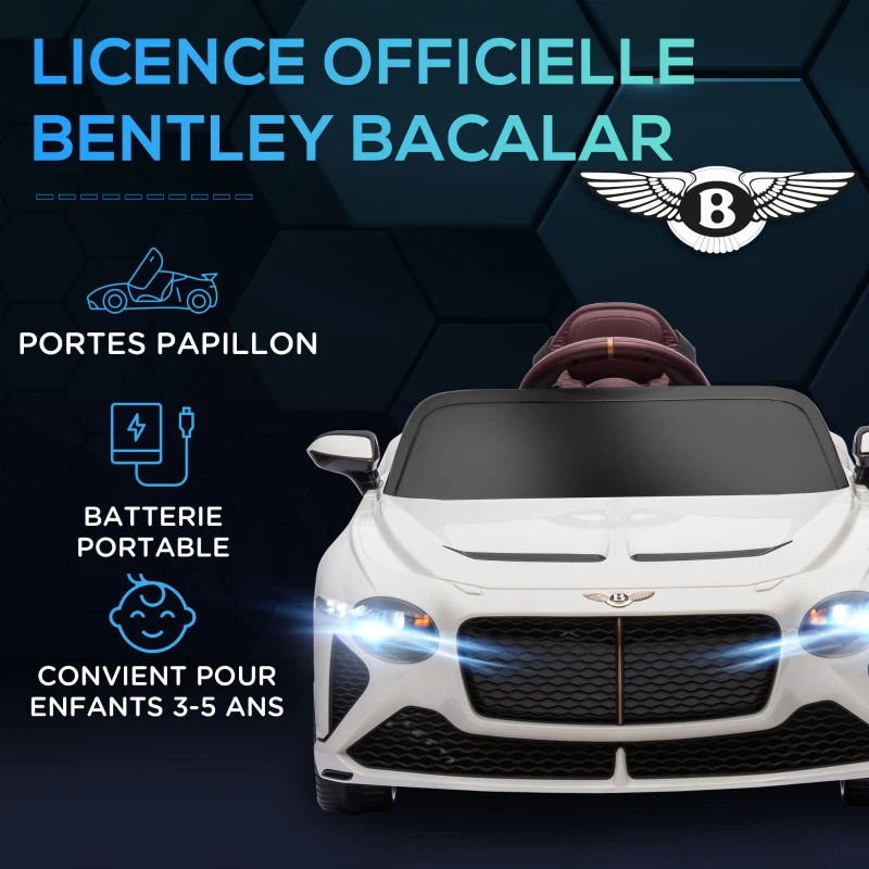 HOMCOM Voiture électrique pour enfant de 3 à 5 ans 2 moteurs 12V 25W 3-5 Km/h télécommande 2,4G Bentley Bacalar blanc
