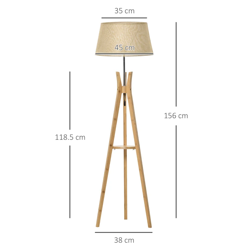 HOMCOM Natural Wood Tripod Floor Lamp Light E27 Base Bedroom Living Room Fabric Shade Storage Shelf Foot Switch, 156cm, Beige