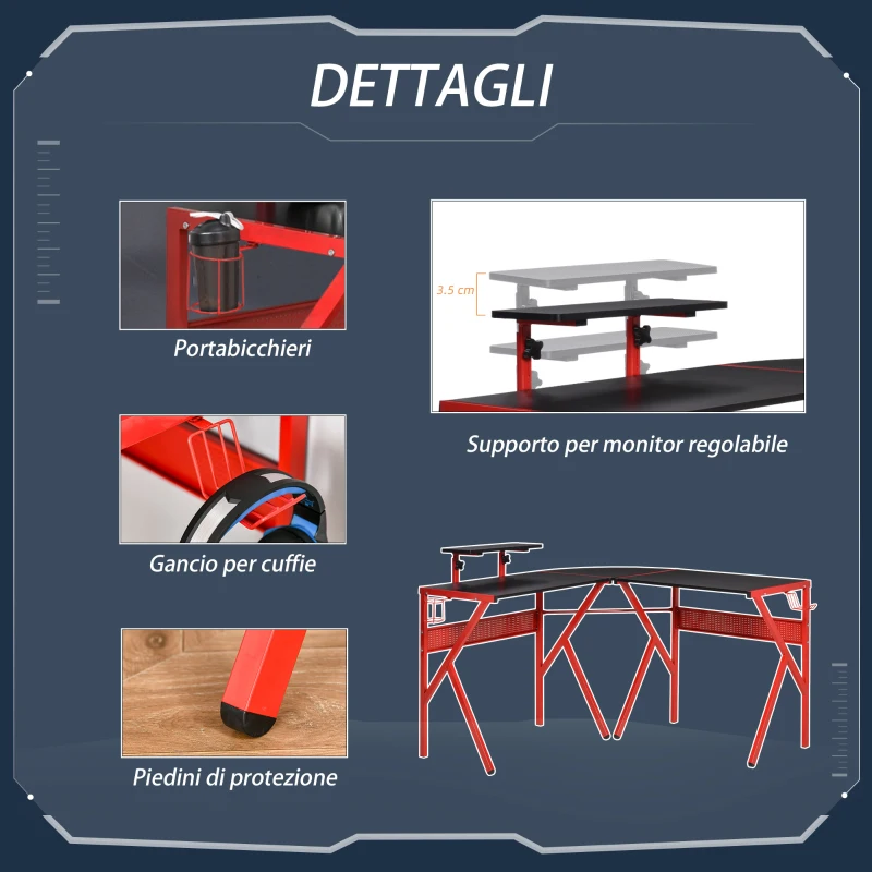 HOMCOM Scrivania Gaming Angolare per Ufficio o Camera, Scrivania per Computer con Portapc ad Angolo in Metallo, 125x125x75cm, Nero e Rosso