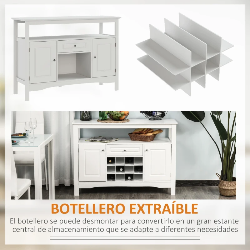 HOMCOM Aparador de Comedor con 1 Cajón 1 Estante Abierto 2 Puertas y Botellero para 12 Botellas 116,5x40x82,5 cm Blanco