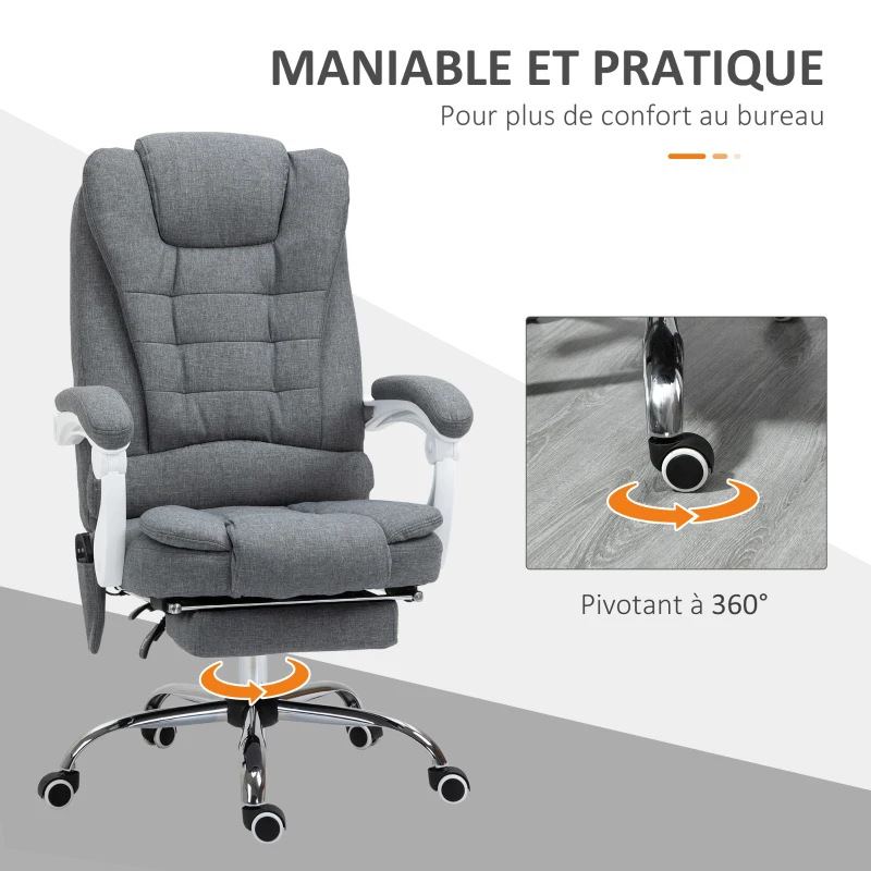 Vinsetto Fauteuil de bureau direction massant chauffant hauteur réglable dossier inclinable toile de lin gris
