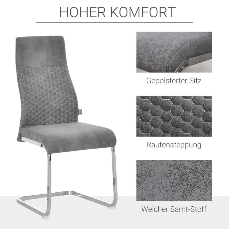 HOMCOM 4er-Set Freischwinger Esszimmerstühle 4-teilig Küchenstühle, Mikrofaser, 45 x 61 x 98 cm, Grau