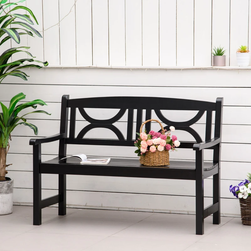 Outsunny Banc de jardin 2 places banquette extérieur terrasse patio dossier haut assise à lattes accoudoirs confortables bois de peuplier 123 x 61 x 89,5 cm noir