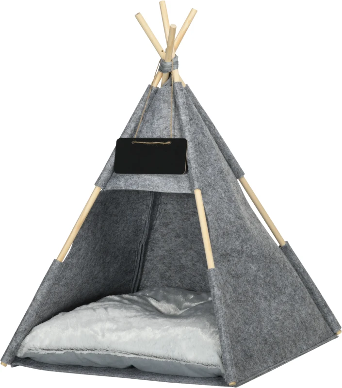 PawHut Tente tipi pour Animaux - Teepee Chat ou Chien - Coussin épais Grand Confort Inclus - Structure Bois de pin Feutre Peluche PV Gris