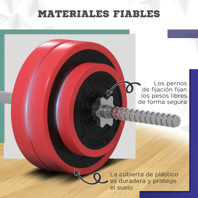 SPORTNOW Set de Musculación con 1 Barra y 6 Discos Barra de Pesas 30 kg con Mancuernas para Entrenamiento 170x26x26 cm Rojo
