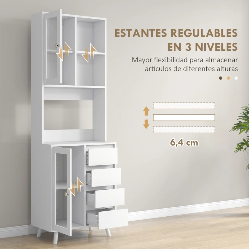 HOMCOM Alacena de Cocina Aparador con 2 Puertas de Vidrio Compartimentos 4 Cajones y Estantes Ajustables 60x35x180 cm Blanco