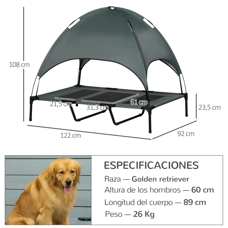 PawHut Cama Elevada para Mascotas Portátil con Toldo Extraíble Tela Transpirable al Aire Libre para Interior y Exterior 122x92x108 cm Gris