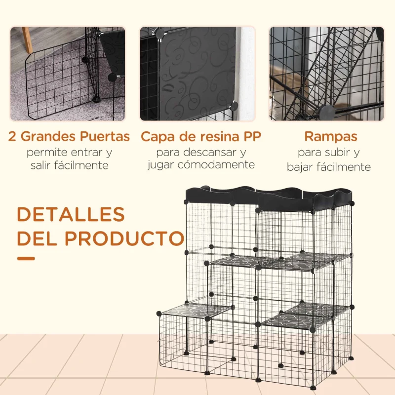 PawHut Recinto Modular para Animales Pequeños con Múltiples Niveles Puertas Amplias Rampas y Paneles de Resina PP 105x70x116 cm