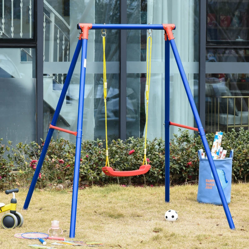 Outsunny Kids Swing Set Toddler Swing Adjustable Rope Heavy Duty A-Frame Stand Outdoor Playset for 3-8 Years Old Blue