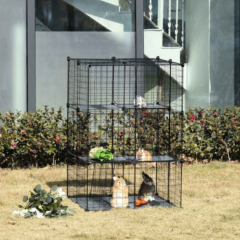 PawHut Pet Playpen DIY Small Animal Cage Enclosure Metal Wire Fence 39 Panels with 3 Doors 2 Ramps for Kitten Bunny Chinchilla Pet Mink Black