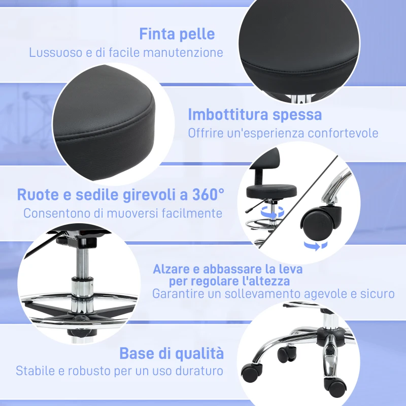 HOMCOM Sedia Girevole ad Altezza Regolabile con Poggiapiedi, in Acciaio, Finta Pelle e Gommapiuma, 52x52x78-92 cm, Nero