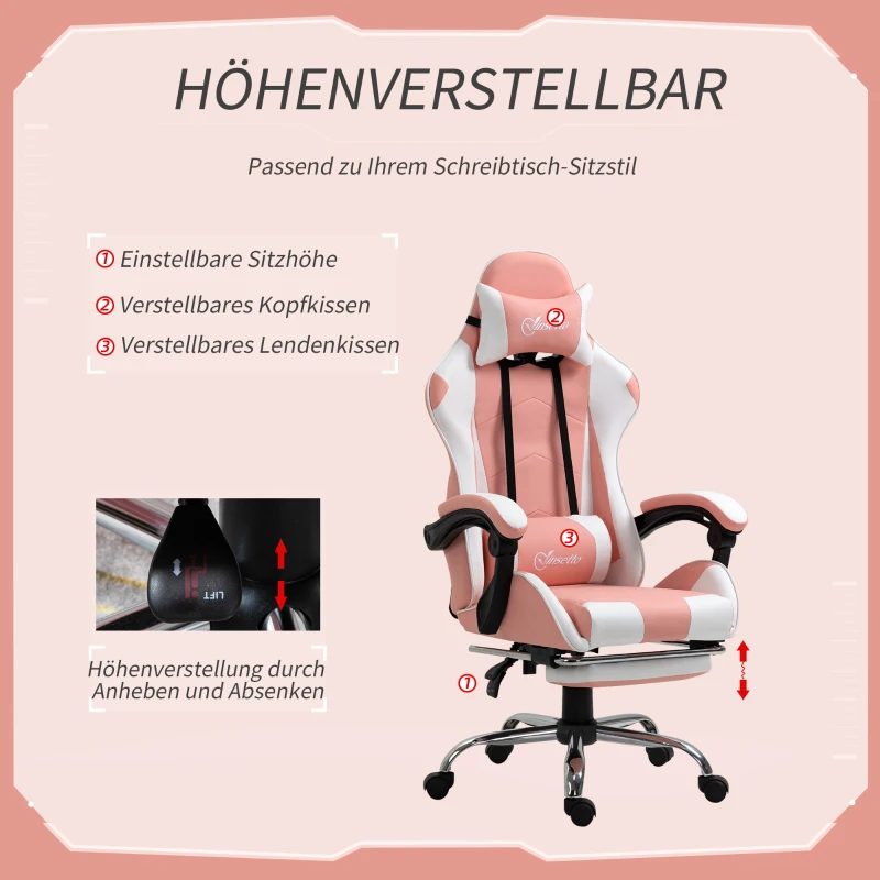 Vinsetto Gamingstuhl Computerstuhl Ergonomischer Bürostuhl Gamer Stuhl mit Kopfstütze Lendenkissen Bürostuhl höhenverstellbar 360°drehbar Schaumstoff Kunstleder PVC Rosa+Weiß 64 x 67 x 119-127 cm