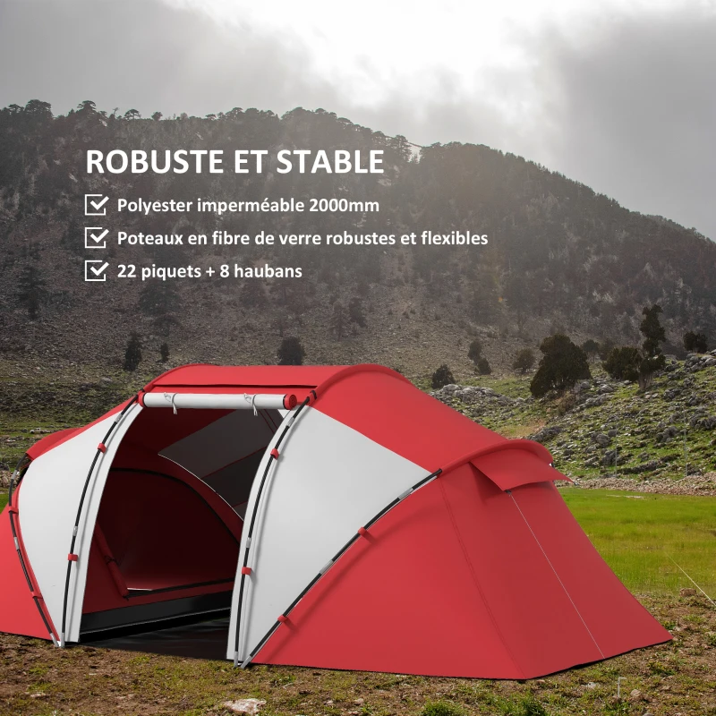Outsunny Tente de camping familiale 4-6 personnes tente dôme étanche légère, ventilée 2 cabines fenêtre grande porte gris rouge