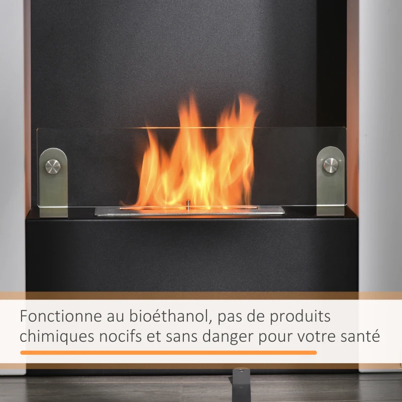 HOMCOM Cheminée bioéthanol brûleur 1,5 L avec plateau de rangement en verre trempé, 3 h de durée de combustion, Dims. 60*20*79cm, Contrôle de Flamme et Crochet Inclus - Acier Noir et Blanc