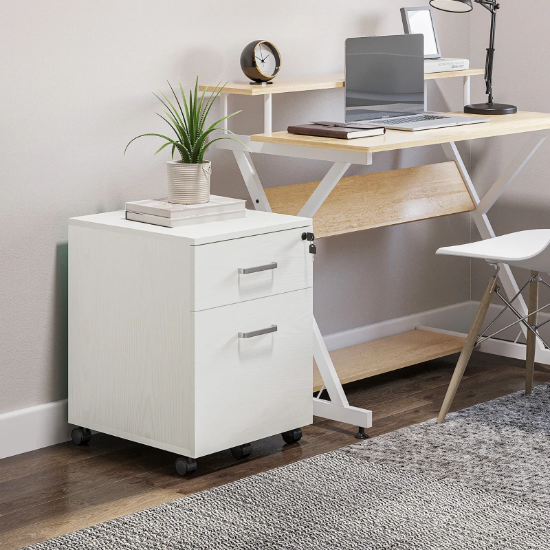 Vinsetto 2-Drawer Locking Office Filing Cabinet w/ 5 Wheels Rolling Storage Hanging A4 Cupboard Home Organisation White Wood Grain