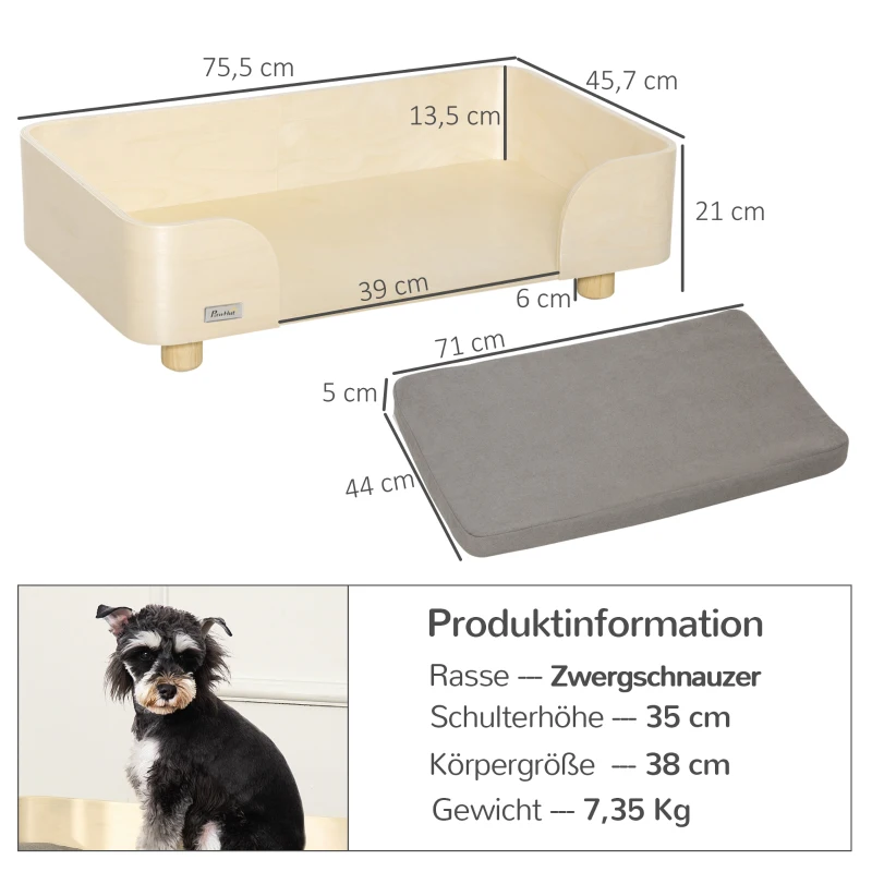 Pawhut Haustiersofa Hundematte Katzensofa Hundecouch Hundebett mit Kissen Indoor modernes Sofa für kleine und mittelgroße Hundesofa Kiefernholz Natur+Hellgrau 75,5 x 45,7 x 21 cm