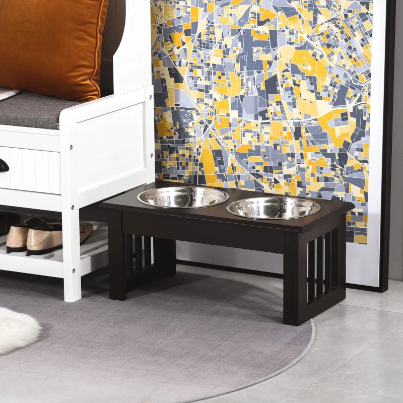 PawHut Raised Dog Feeding Bowls with Stand, Stainless Steel for Extra Small and Small Dog, 44L x 24W x 15H cm - Brown