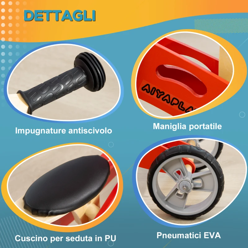 AIYAPLAY Triciclo e Bici Senza Pedali 2 in 1 per Bambini da 18-36 Mesi in Legno con Sella Regolabile, Rosso