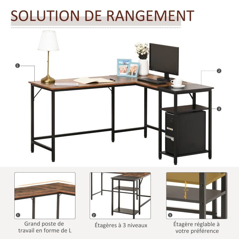 HOMCOM Bureau Informatique Design Industriel Bureau d'angle 2 tablettes Support CPU imprimante Aspect Vieux Bois métal Noir