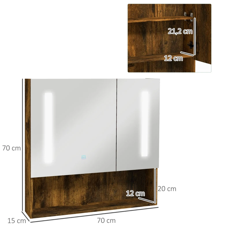 kleankin Mueble con Espejo de Pared con Estante Ajustable Interruptor Táctil y Color de Luz Ajustable 70x15x70 cm Marrón Rústico