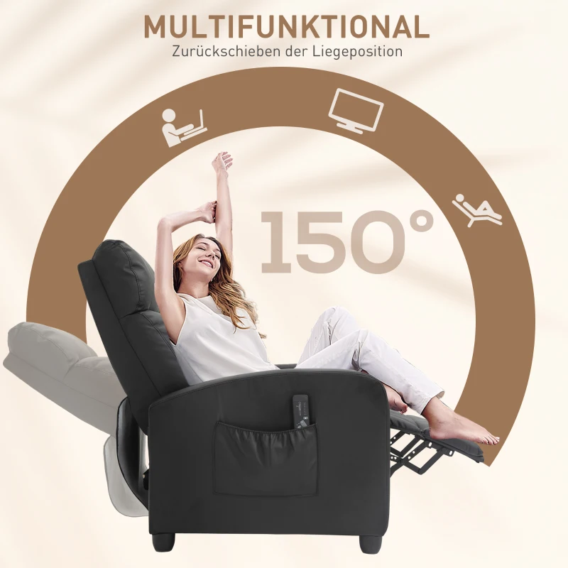 HOMCOM Relaxsessel Fernsehsessel mit Vibrationsmassage, Massagesessel mit Liegefunktion, 2 Massagepunkte, TV Sessel mit Fernbedienung, Seitentasche, Kunstleder für Wohnzimmer, Schwarz
