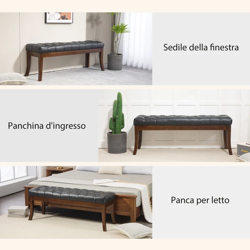 HOMCOM Panca Fondo Letto Imbottita con Design a Bottoni e Gambe Ricurve, in Pelle PU e Legno, 120x38x46 cm, Nero