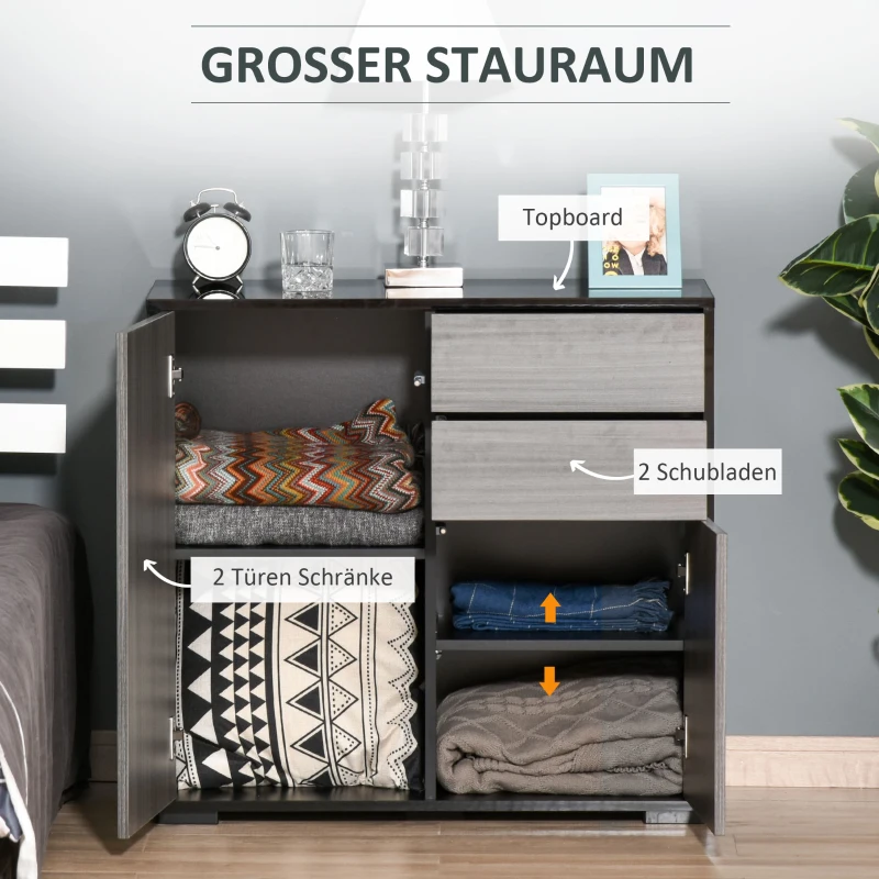 HOMCOM Aufbewahrungsschrank mit 2 Schubladen, 2 Türen, mit Kippschutz, für Wohnzimmer, Schlafzimmer, 79 x 36 x 74 cm, Hellgrau