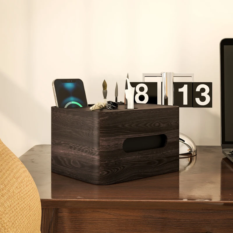 HOMCOM Organiseur de bureau rangement bureau multifonction avec 2 compartiments boîte à mouchoirs en bois marron