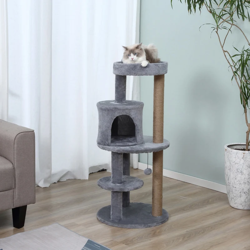 PawHut Albero Tiragraffi per 1-2 Gatti di 4.5kg, Palestra Castello per Gatti con 3 Livelli, Cuccia, Lettino e Palo in Corda Sisal, Grigio 48x48x104cm