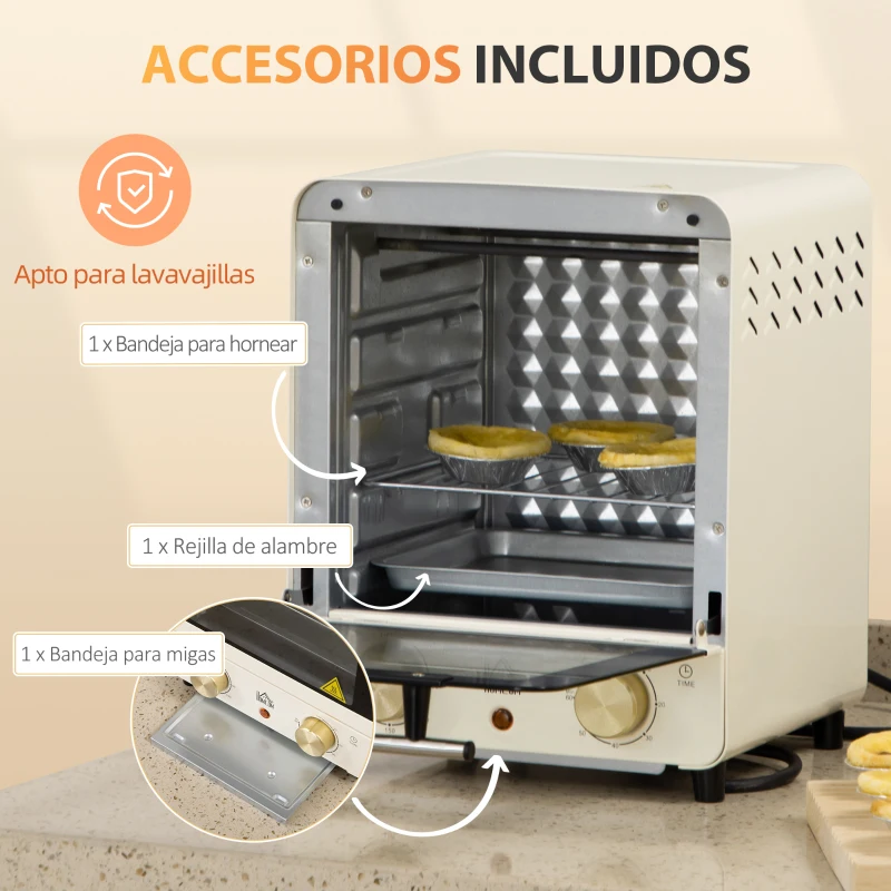 HOMCOM Horno Eléctrico de Sobremesa Horno Tostador de 15 Litros 1000W Potencia 25,5x27,5x32 cm Crema