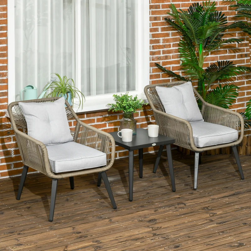 Outsunny Set Tavolino e Sedie da Giardino 3 Pezzi in Rattan PE e Acciaio con 2 Sedie Moderne e 1 Tavolino da Caffè
