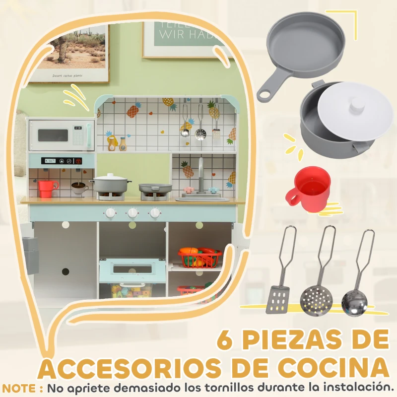 AIYAPLAY Cocinita Infantil con Sonido Fogón Grifo Fregadero Microondas Cafetera Máquina de Hielo y Accesorios de Cocina Blanco
