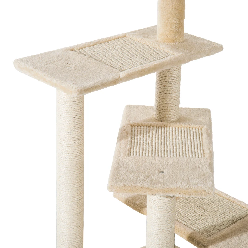 PawHut Trespolo per Gatti Multilivello con Tiragraffi in Sisal, Albero per Gatti con Piattaforme e Cuccia in Peluche Beige, 50x50x100cm