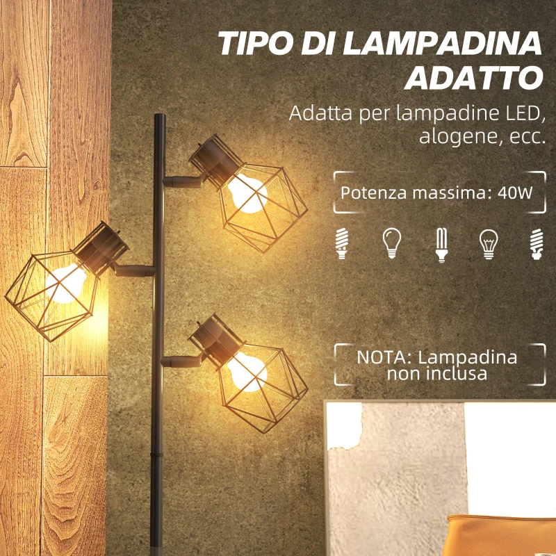 HOMCOM Lampada da Terra 40W con 3 Luci Regolabili e Interruttore a Manopola, in Metallo, 41x28x169 cm, Nero