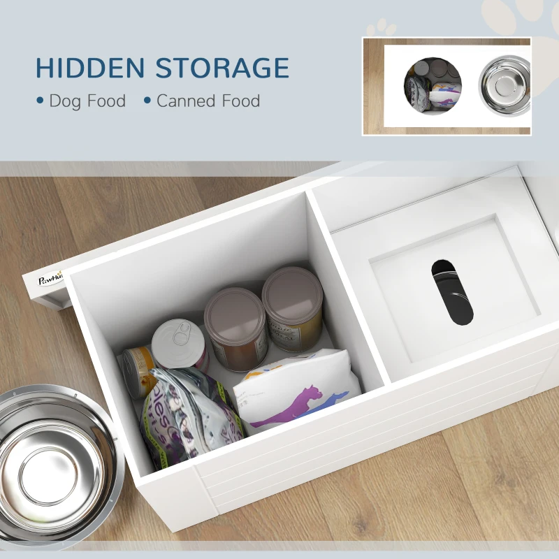 PawHut Raised Dog Bowls w/ Slow Feeder Mat, Storage Cabinet, Three Stainless Steel Bowls, Semi Auto Dispenser Function, White