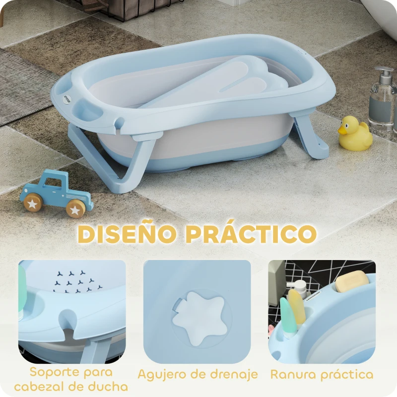 AIYAPLAY Bañera Plegable Bebé con Soporte con Orificio de Drenaje y Agujero de Ducha 83x48x23,5 cm Azul Claro