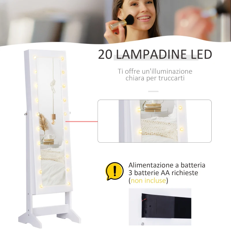 HOMCOM Armadio Portagioielli Portagioie Specchio Regolabile 20 Luci LED, Legno, Bianco, 40x37x146 cm