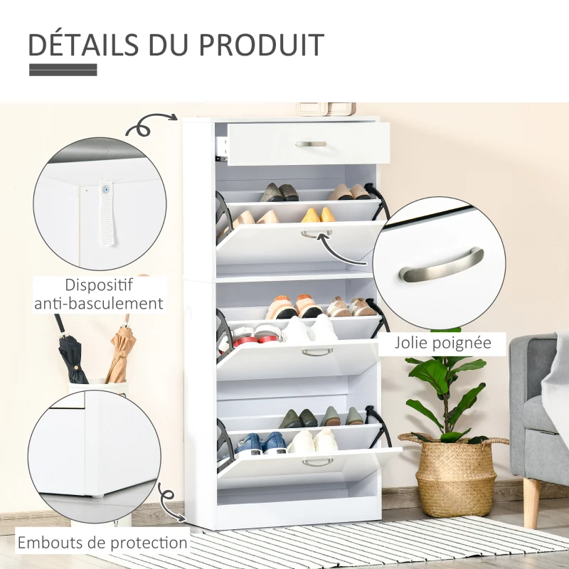 HOMCOM Meuble à Chaussures - 3 Portes abattantes et tiroir Coulissant - dim. 62L x 24l x 135H cm - poignées alu. Panneaux Particules Blanc