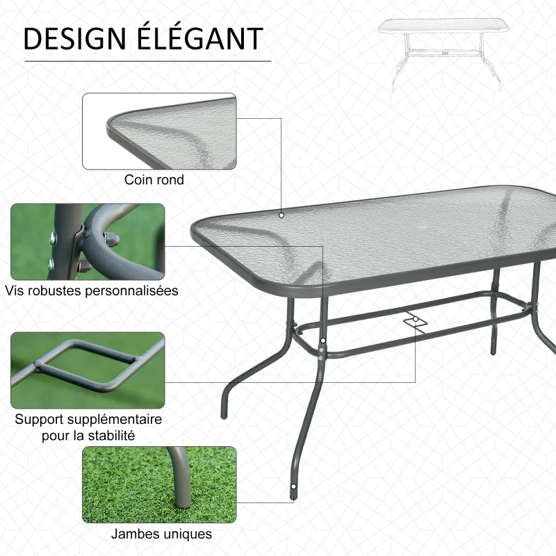 Outsunny Table de Jardin rectangulaire dim. 140L X 80l x 70H cm métal époxy Gris Plateau Verre trempé