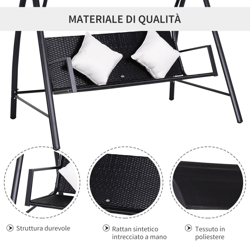 Outsunny Dondolo Polyrattan da Giardino a 3 posti, 2 Cuscini e Baldacchino Ferro Verniciato a Polvere Tetto Idrorepellente Cuscini Sfoderabili 198x124x179cm 360kg