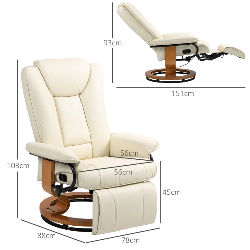 HOMCOM Relaxsessel mit Liegefunktion, drehbar, bis 150 kg, Kunstlederbezug, Stahlrahmen, Cremeweiß(m-3)