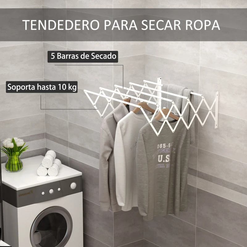 HOMCOM Tendedero de Pared Extensible de 63,5 cm Tendedero de Ropa de Metal con 5 Barras para Interior y Exterior Baño Balcón Carga 10 kg 63,5x60x20 cm Blanco
