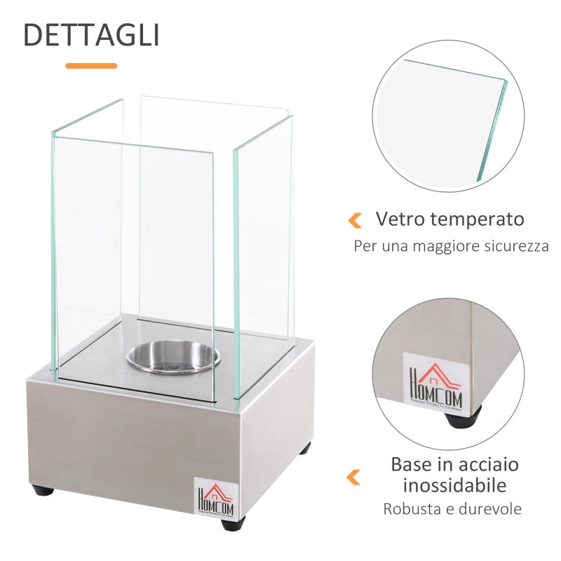 HOMCOM Camino a Bioetanolo da Tavolo con Bruciatore da 0.4L, Biocamino in Acciaio e Vetro per Interni ed Esterni, 20x20x33cm, Argento