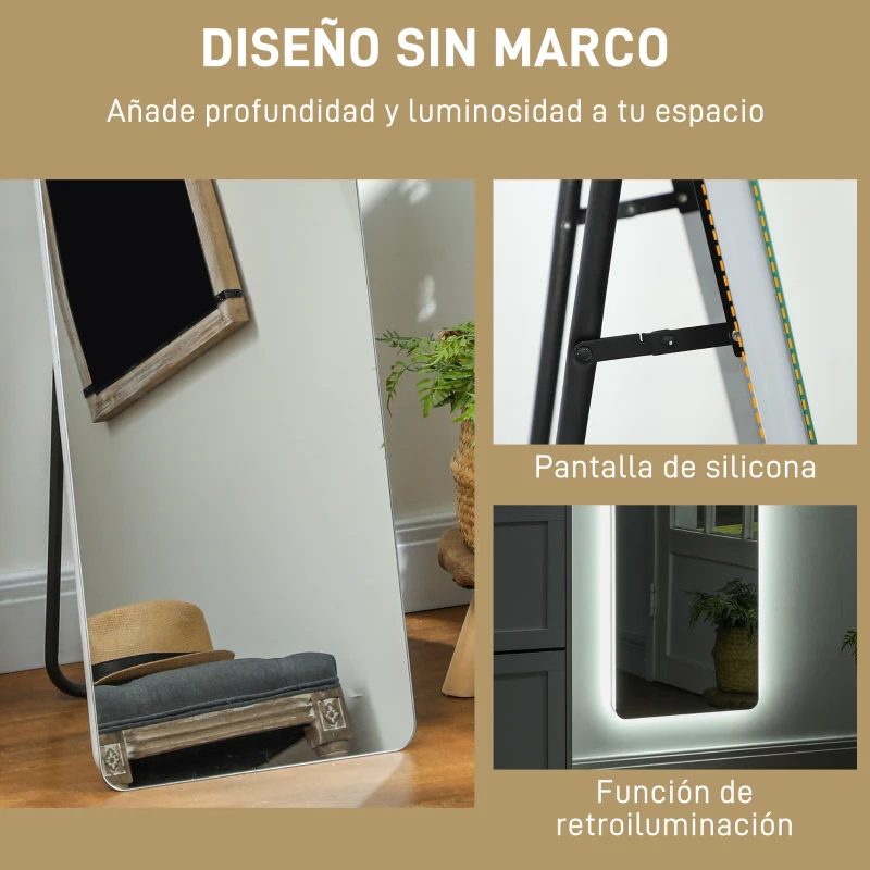 HOMCOM Espejo de Cuerpo Entero con Luz LED 150x40 cm con Iluminación de 3 Colores Función de Memoria Transparente