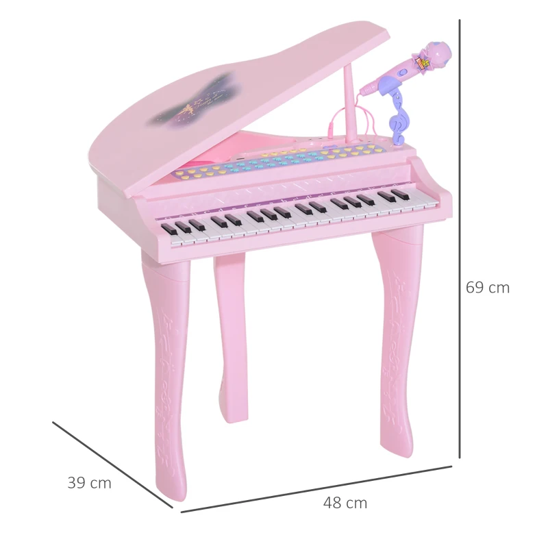 HOMCOM Piano à Queue électronique 37 Touches Multifonctions avec Micro Haut Parleur, tabouret, lumière LED, fonction d'enregistrement et de relecture, instrument de musique enfant 3 à 6 ans Rose