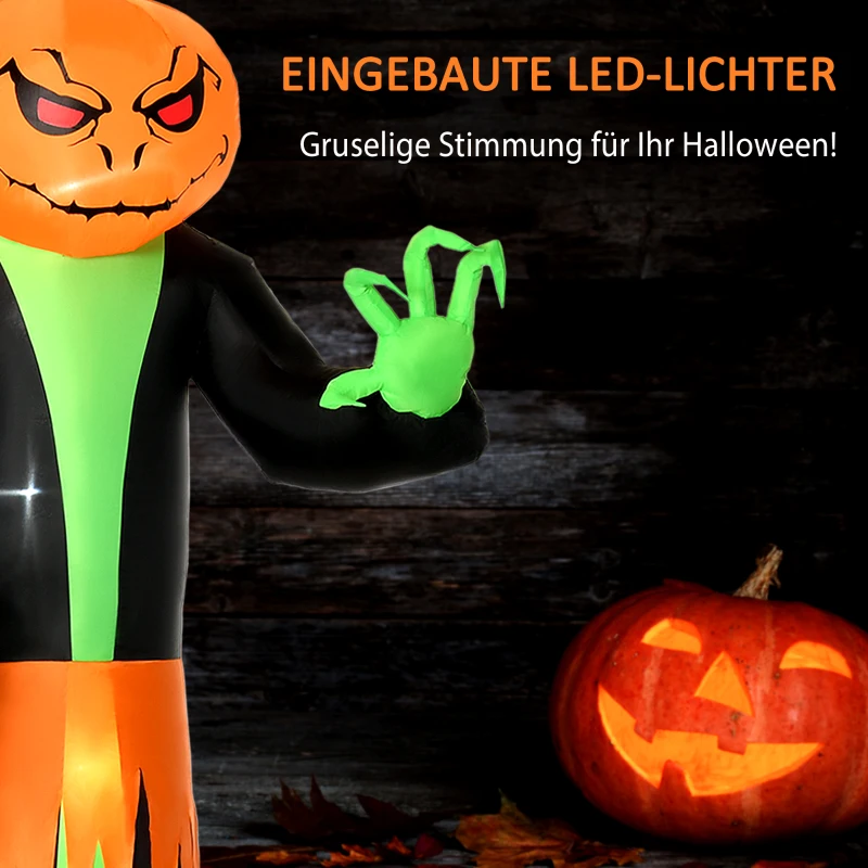 HOMCOM Halloweengeist mit LED-Lichtern, selbstaufblasend, inkl. Gebläse, 100 cm x 96 cm x 270 cm, Grün + Gelb + Schwarz