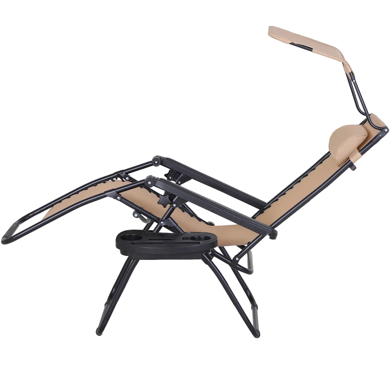 Outsunny Tumbona Plegable Silla de Gravedad Cero Reclinable con Toldo de Sombra con Bandeja Portavasos Portátil Texteline para Jardín Balcón Carga 150kg 90x65x110 cm Beige