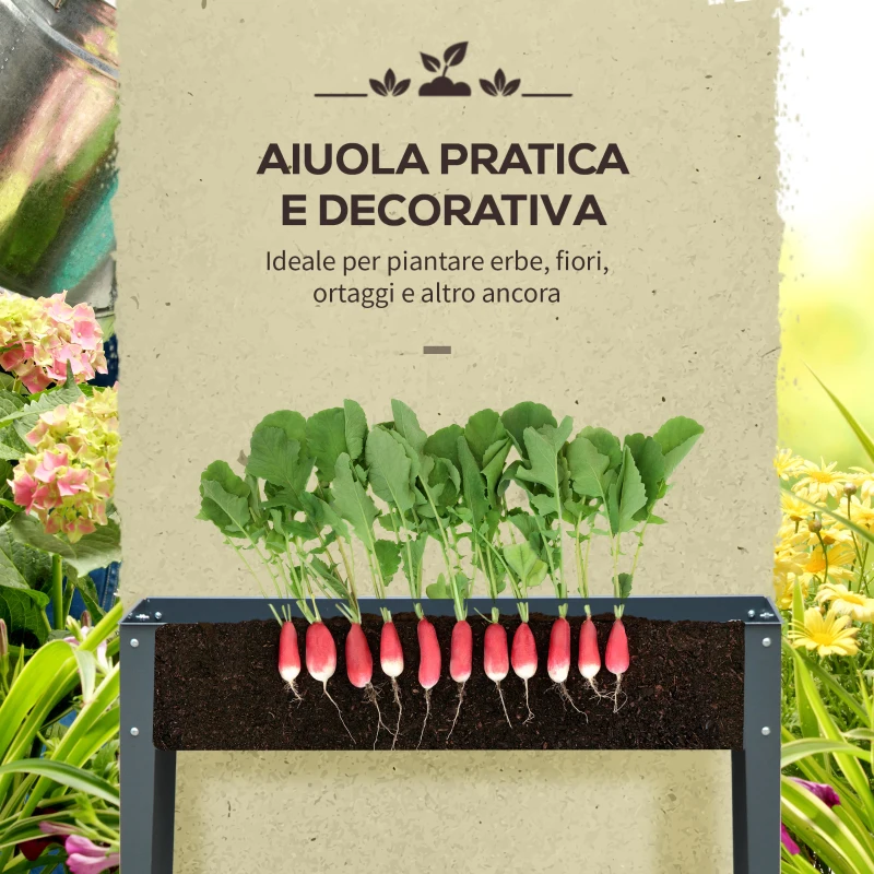 Outsunny Fioriera da Esterno Rialzata in Metallo con 3 Fori di Drenaggio, 100x30x80 cm, Grigio